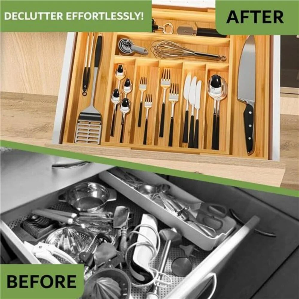Expandable bamboo silverware drawer organizer utensil tray wood cutlery holder